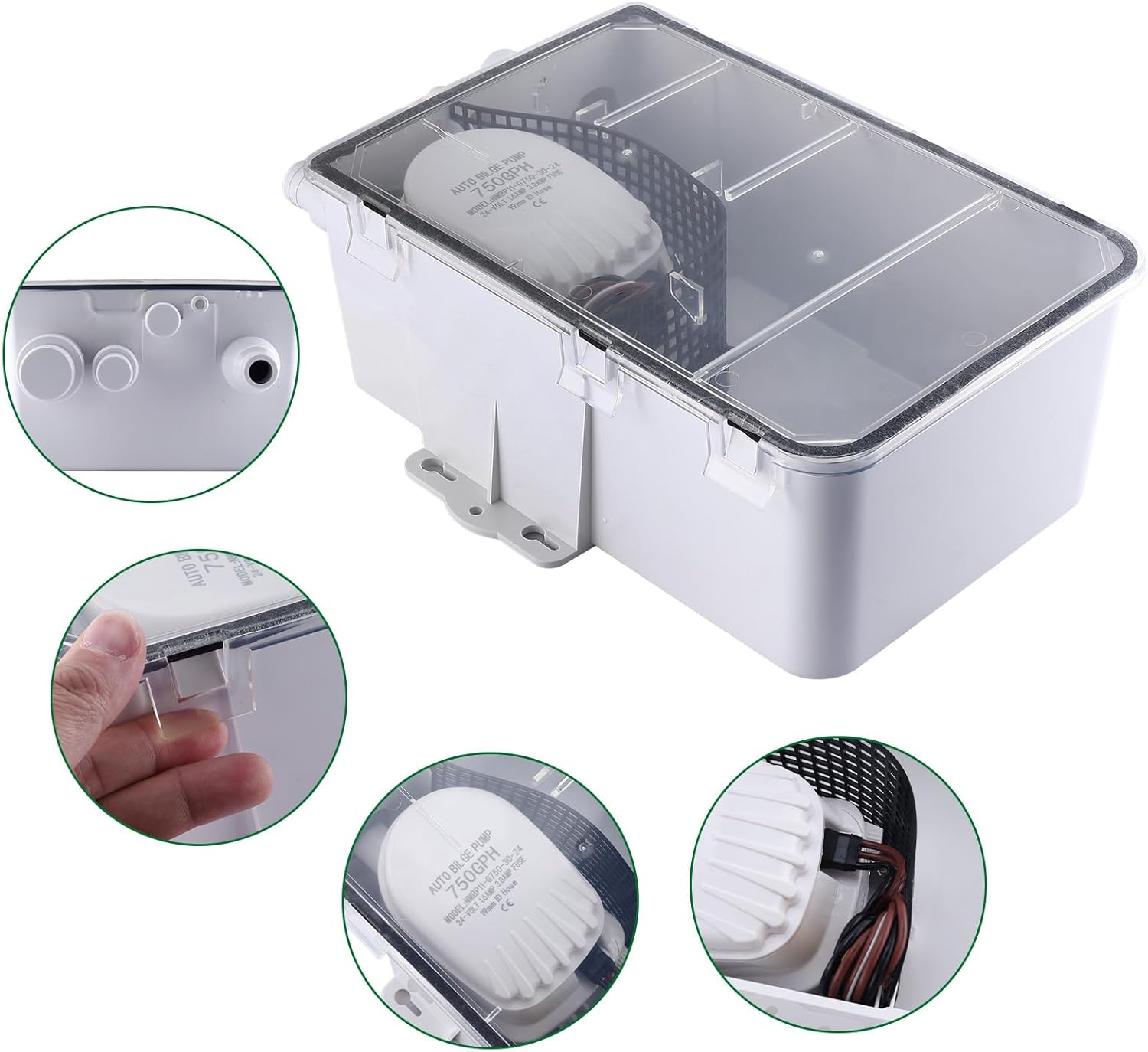 NovelBee 24V 750 GPH Boat Marine Shower Sump,Built-in Automatic Bilge Pump,Shower Pump System Kit with Multiple Inlet Ports
