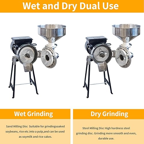Miniatura 4 de Molinillo de grano eléctrico seco y húmedo 2IN1 de 1500 W, molinillo de maíz eléctrico con embudo, máquina de polvo ajustable de grosor comercial,