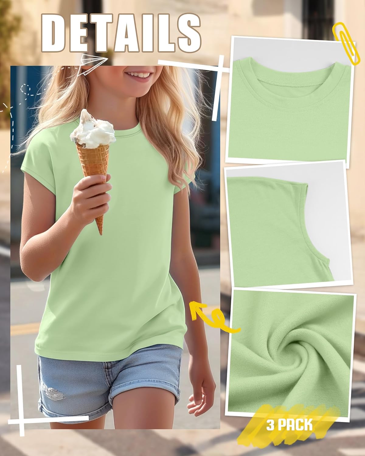 3 Pack Girls Cap Sleeve T-Shirts Crew Neck Solid Tops Teen Girls Casual Loose Summer Basic Tees 5-14 Years - Image 5