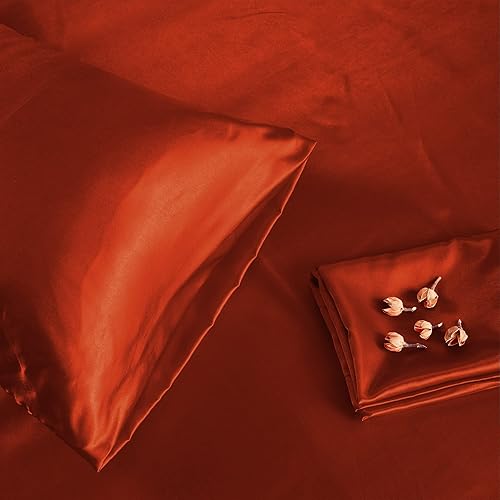 Miniatura 6 de Manyshofu Funda de almohada de satén naranja quemado para protección del cabello, 2 fundas de almohada estándar, fundas de almohada lujosas y