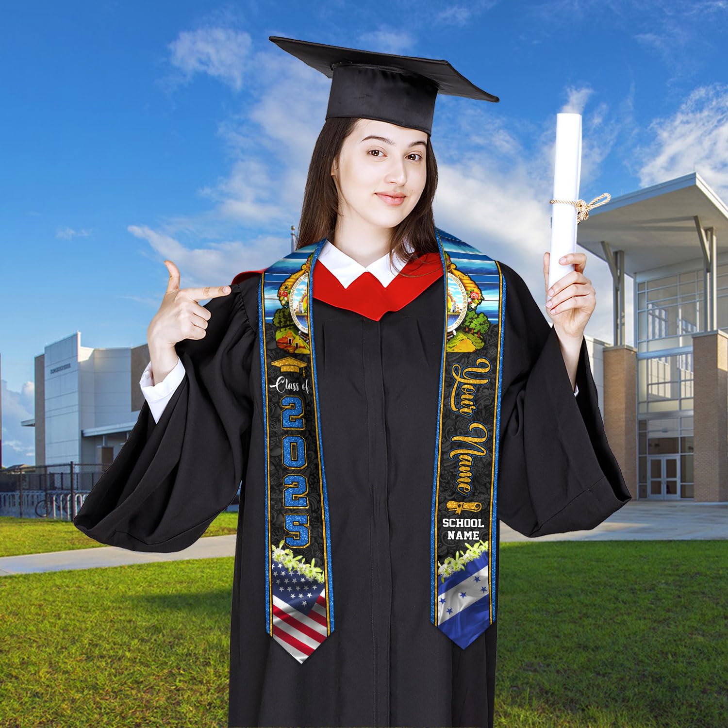 MonkeyVan Personalized Honduran Graduation Stole 2025, Honduras Flag Graduation Sash, Honduran American Flag Grad Stole 2025 Hdr 6