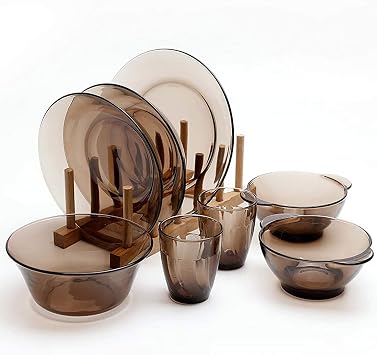 Fashion Transparent Dishes Set,8 Pieces Dinnerware Set,Service for 2 People,High Temperature Resistance Non-toxic,Mugs,Plates and Bowls,Easy to Clean,Amber,Brown Color Brown