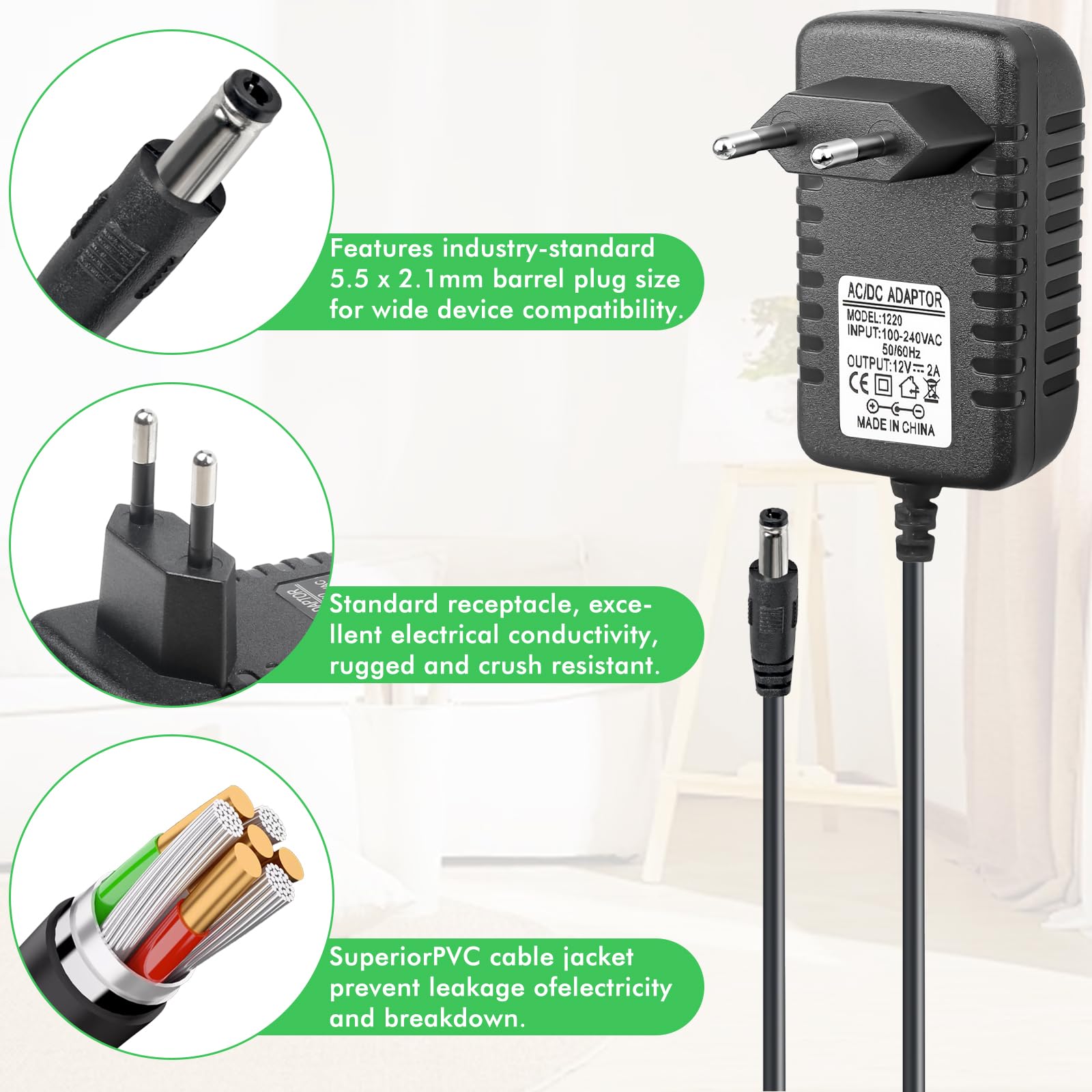 Akcesoria 12 V DC zasilacz sieciowy 12 V do gitary pedałowej, 12 V 2000 mA kabel do ładowania do fortepianu, keyboardu, efektów gitarowych, przejściówek, elektrody ujemnej
