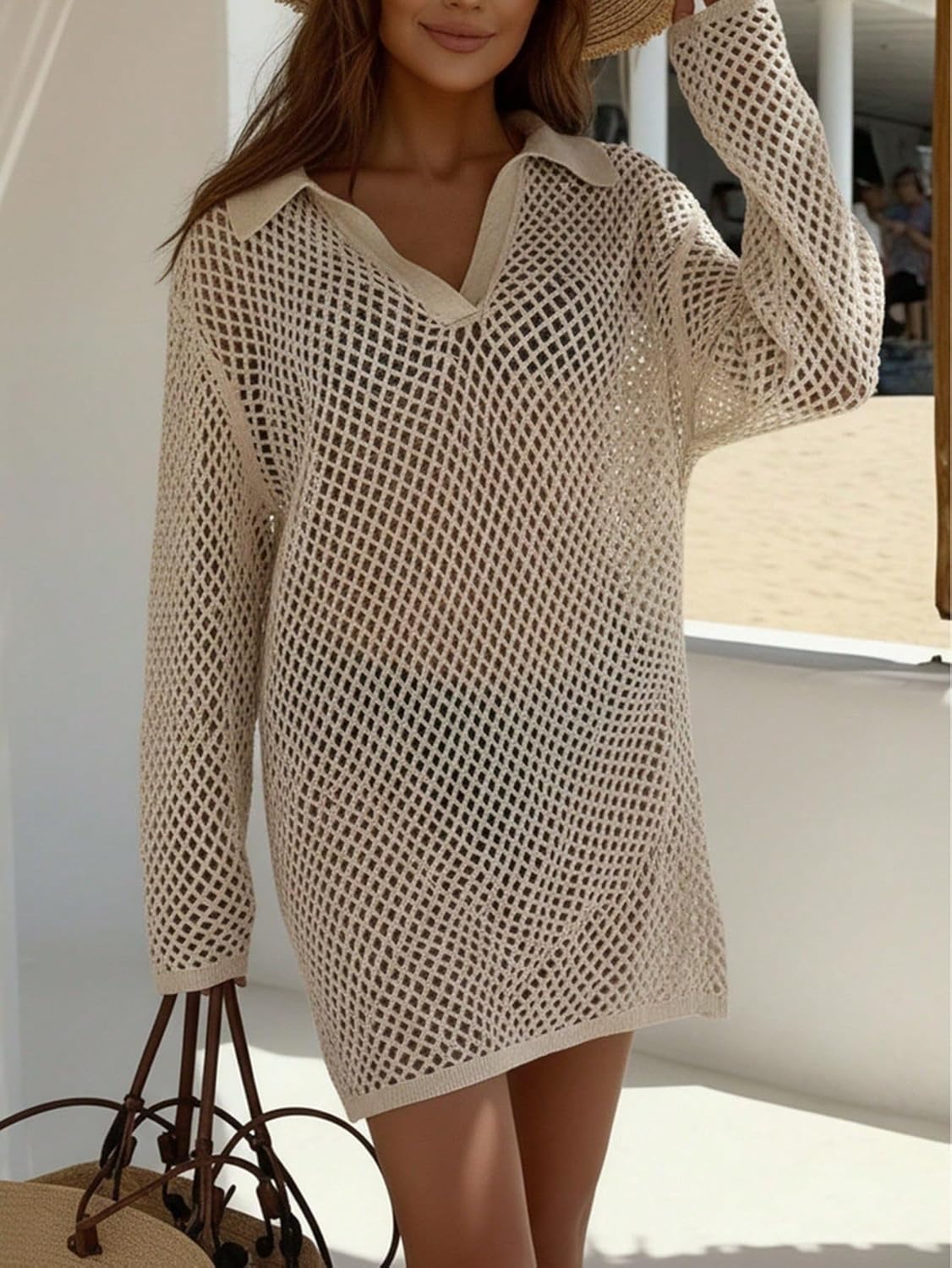 Solid Knit Beachdress Women's Summer Sexy Hollow Out Long Sleeve Swimsuit Cover Up Loose Beachwear cover ups for swimwear