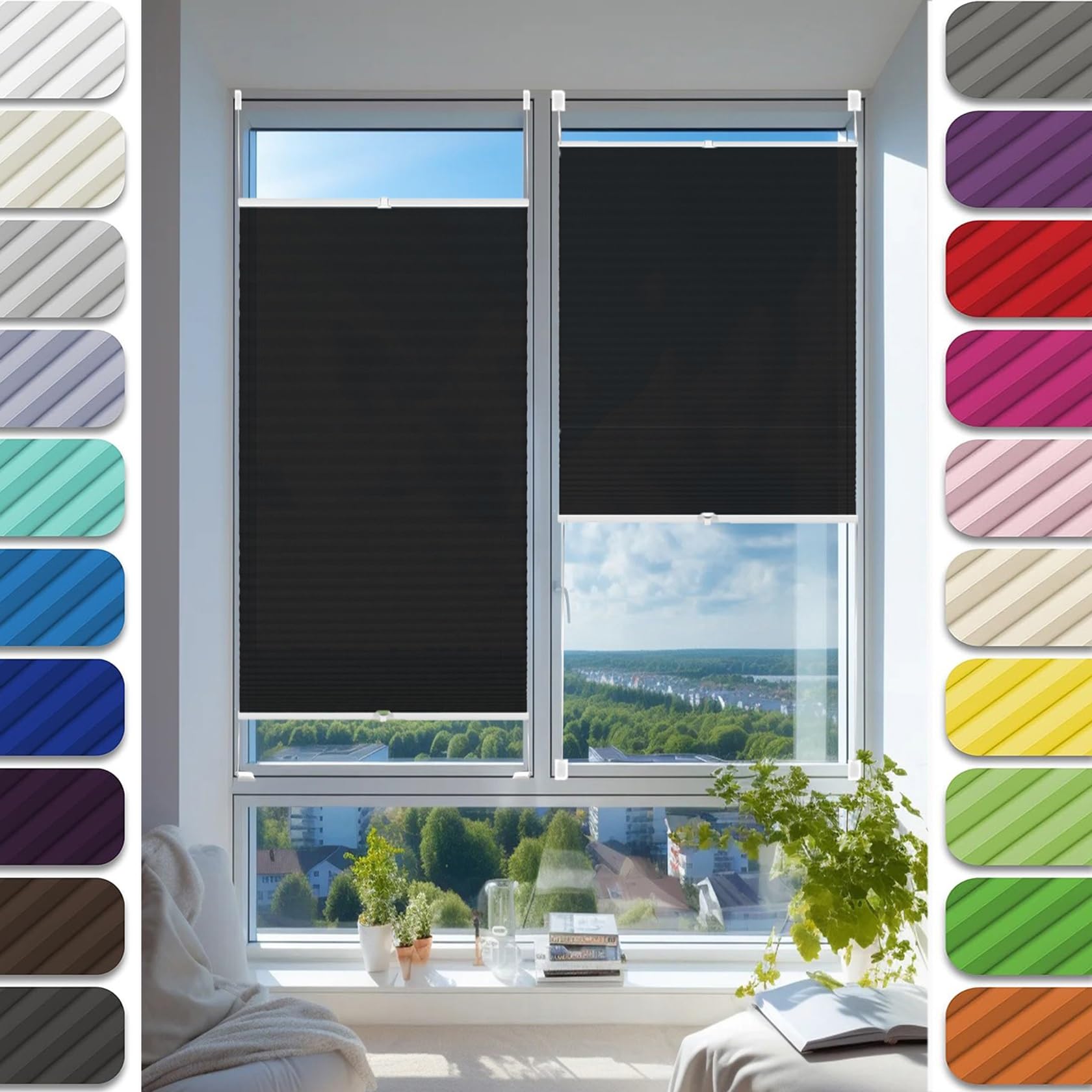 Temporary Pleated Blinds for Windows 80 x 115 cm (W x H), Self-Adhesive Non-Woven, Crumpled Effect, No Drill Blinds Self Adhesive Blinds, Blackout Cellular Shades, for Window Door, Black