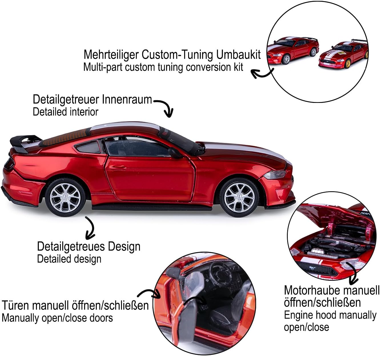 JAMARA 402609 Ford Mustang GT Diecast 1:42 - Model Car Toy, Children's Car, Model Mini Vehicles, Gift Idea for Children, Opening / Closing Doors Manual, Tuning