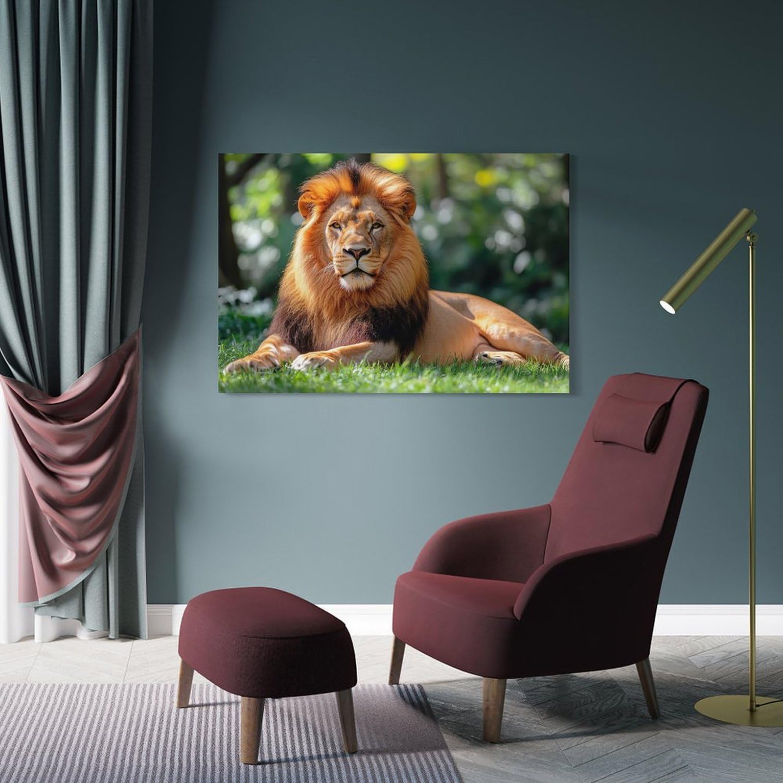 Junmoney Frame-Style-22 Majestic Lion Resting In Greenery Hanging Wall Art, 20X30inch(50X75cm), For Lounge, Bedroom Or Personal Spaces, Gift Idea For Housewarming And Birthdays
