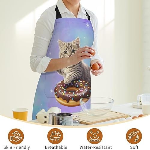 Miniatura 5 de Delantales de cocina para mujeres y hombres, delantal ajustable con correa para el cuello con 2 bolsillos para cocinar, hornear, jardinería,