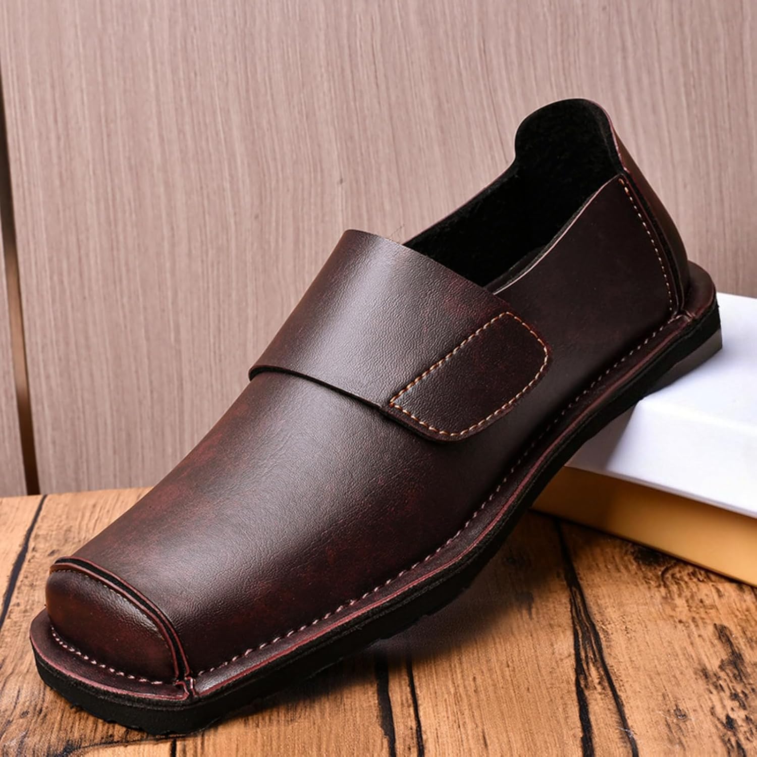 Men's Genuine Leather Slip On Square Toe Dress Loafers Shoes with Hook Loop Casual Low Heel Flats Breathable Footwear for Daily Commute Office Business Outdoors Classic Walking Boat Shoes