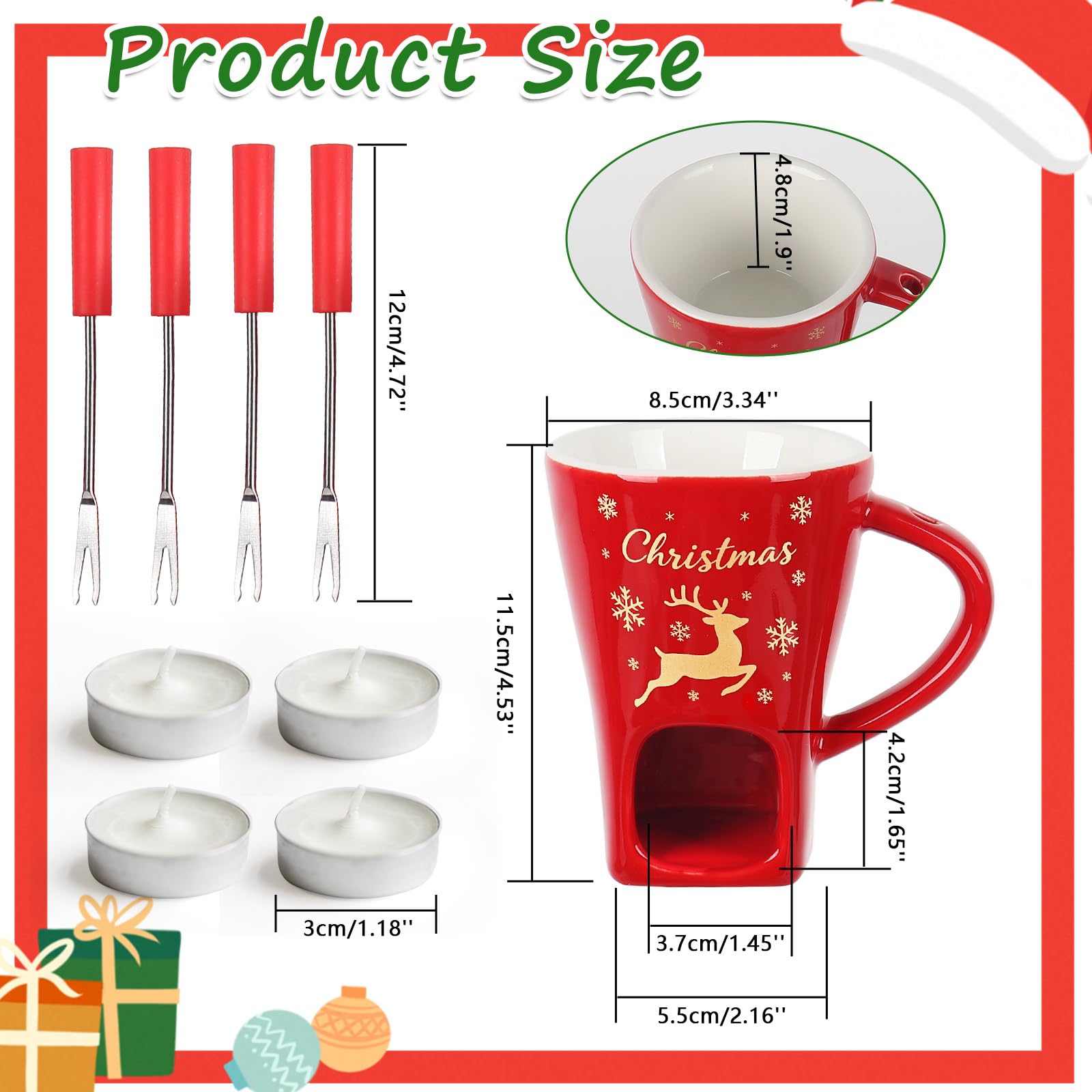 HANEVEAR 2 Pack Chocolate Fondue Mug, Mini Chocolate Melting Mug with 4 Forks and 4 Tealights, Ceramic Fondue Cup with Festive Holiday Pattern for Cheese, Butter - Birthday, Christmas, Wedding Gift - 4