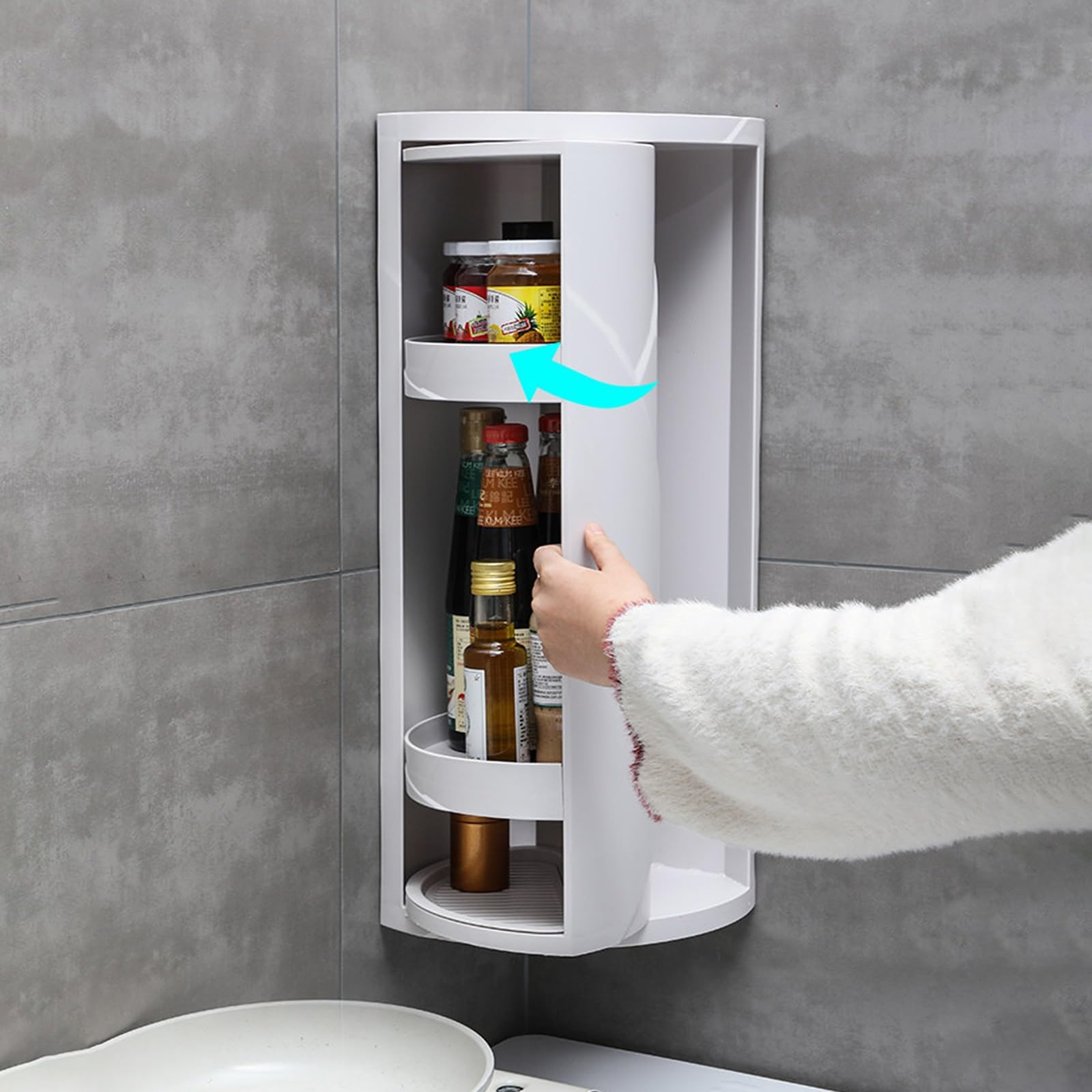 Mobiletto angolare girevole a 360°, organizer per spezie da cucina a 3 livelli, mobiletto portaoggetti per il bagno con montaggio senza fori, mobiletto pensile salvaspazio