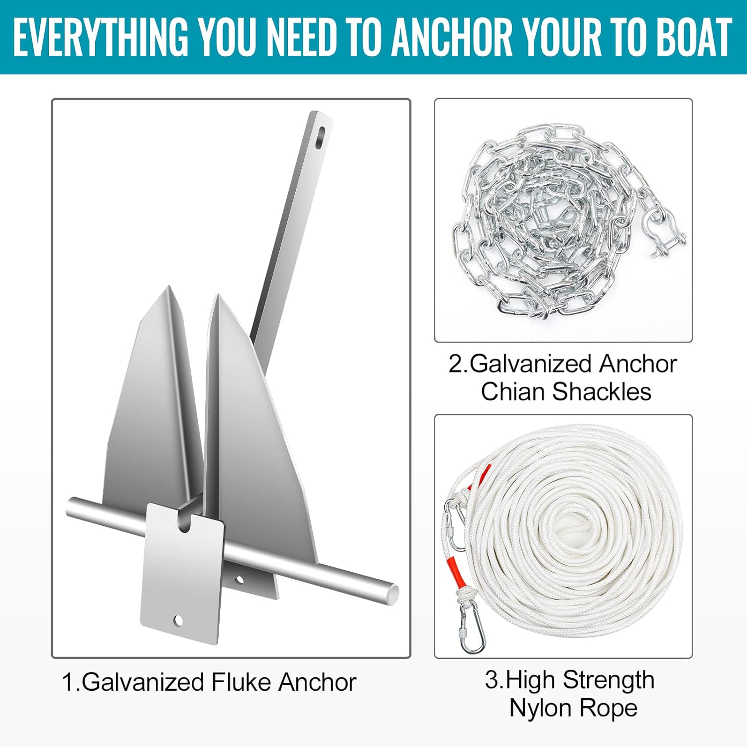 Boat Anchor Kit, Fluke Style Anchor, Galvanized Steel Hot Dipped Fluke Anchor Includes Anchor,Chain,Rope, Shackles for Boat Mooring on The Beach