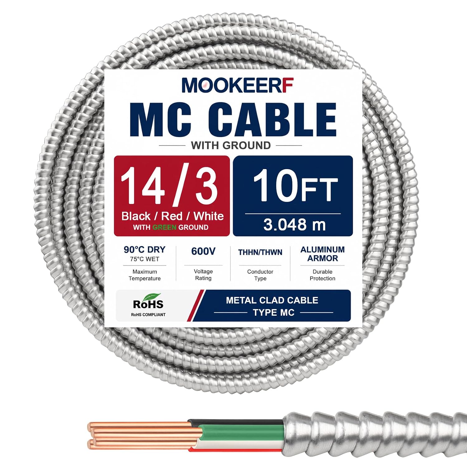 10/2 MC Cable with Ground - 50FT Pure Copper 10AWG/2 Metal Clad Wire with Aluminum Armor 10 Gauge 2 Conductor Type MC Alum Cable