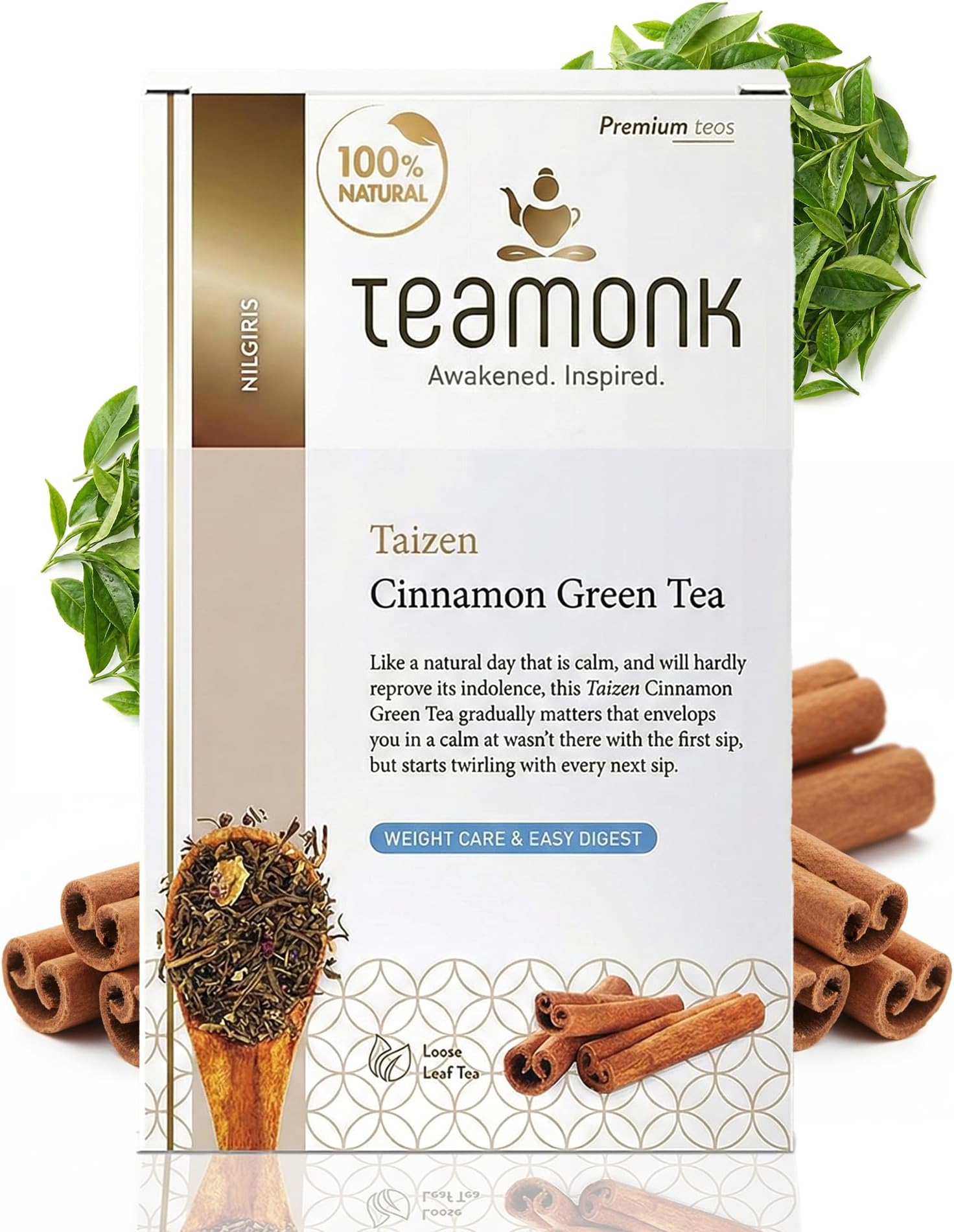 Teamonk Taizen High Mountain Cinnamon Green Tea Leaves 100g (50 Cups) | Promotes Clear Skin & Supports Weight Management | Cinnamon Tea For Weight Care | Slimming Tea | Herbal Drink for Gut Health
