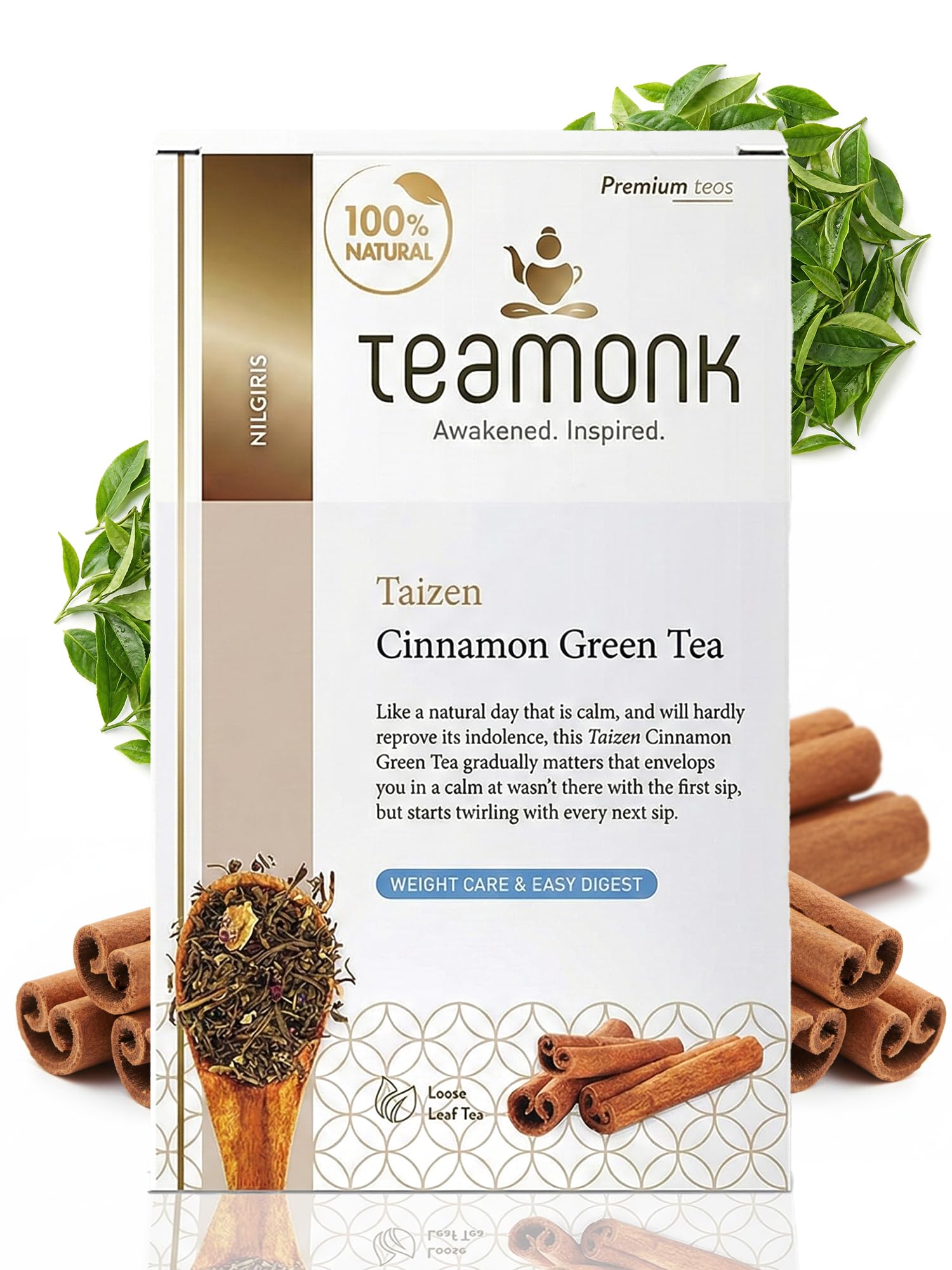 Teamonk Taizen High Mountain Cinnamon Green Tea Leaves 100g (50 Cups) | Promotes Clear Skin & Supports Weight Management | Cinnamon Tea For Weight Care | Slimming Tea | Herbal Drink for Gut Health