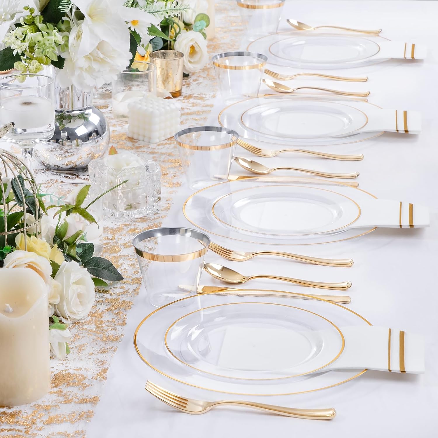 SUT 175 PCS Clear and Gold Plastic Plates, Plates Disposable Heavy Duty for 25 Guests, Disposable Plates for Party and Wedding, Party plates and Cups and Napkins Sets, Plastic plates Disposable - Image 7
