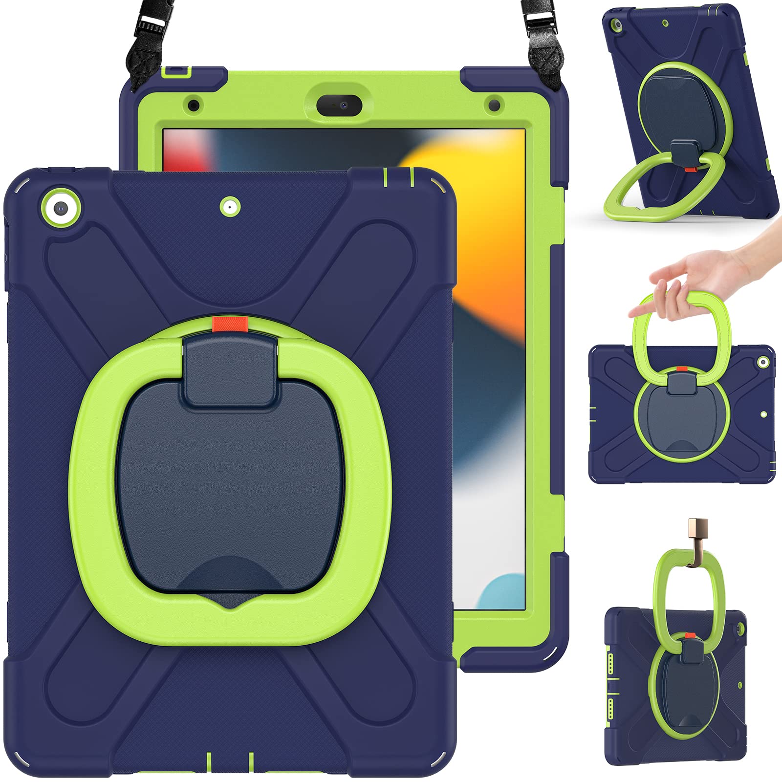 BRAECN Kids Case for iPad 10.2� 9th/8th/7th 2021/2020/2019, Shockproof Hard Case with Kickstand/Handle Grip, Carrying Strap, Screen Protector, Pencil Holder, Pencil Cap Holder for iPad 10.2-Navy+Green