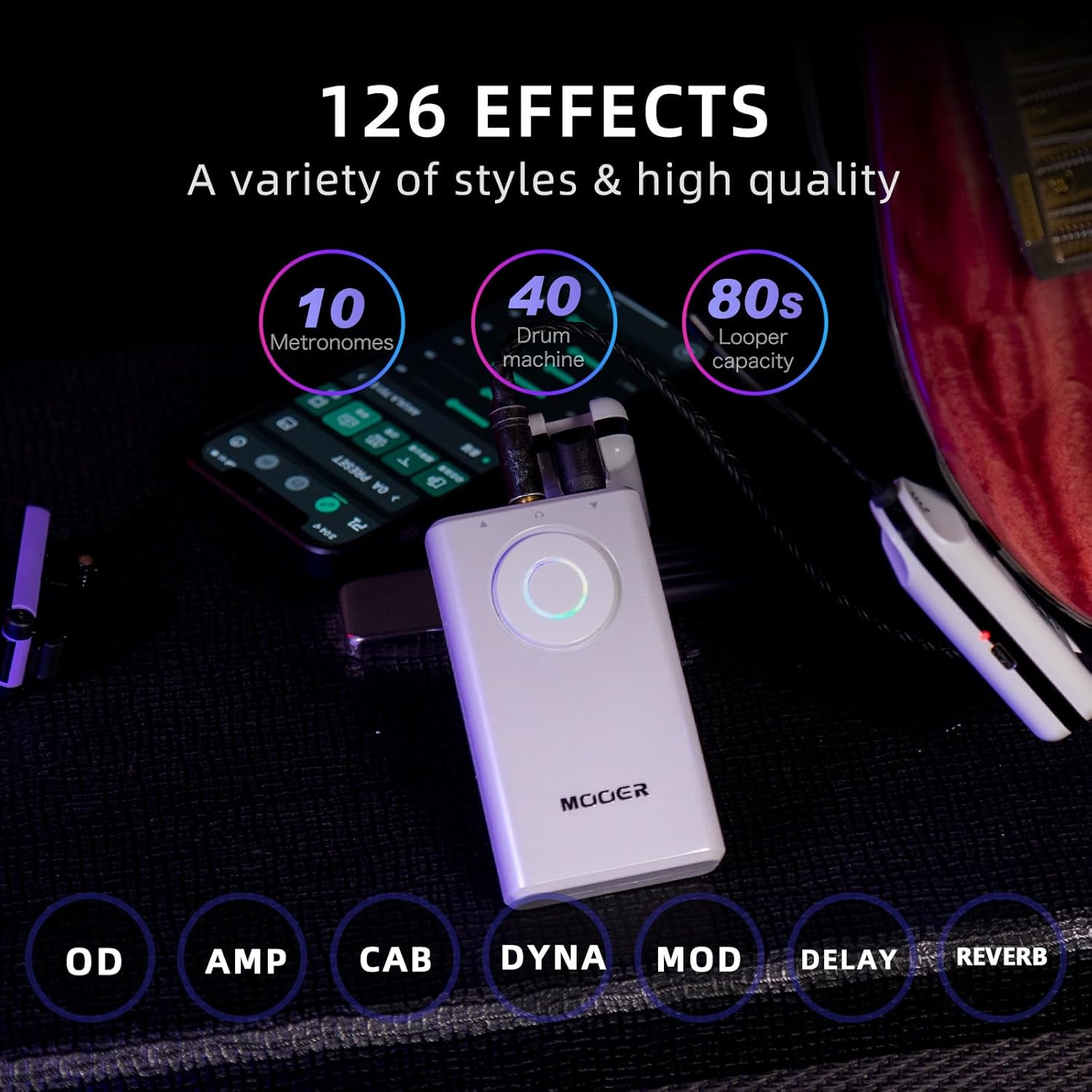 MOOER Prime P1 displaying 126 effects categories including OD, Amp, Cab, Dyna, Mod, Delay, Reverb