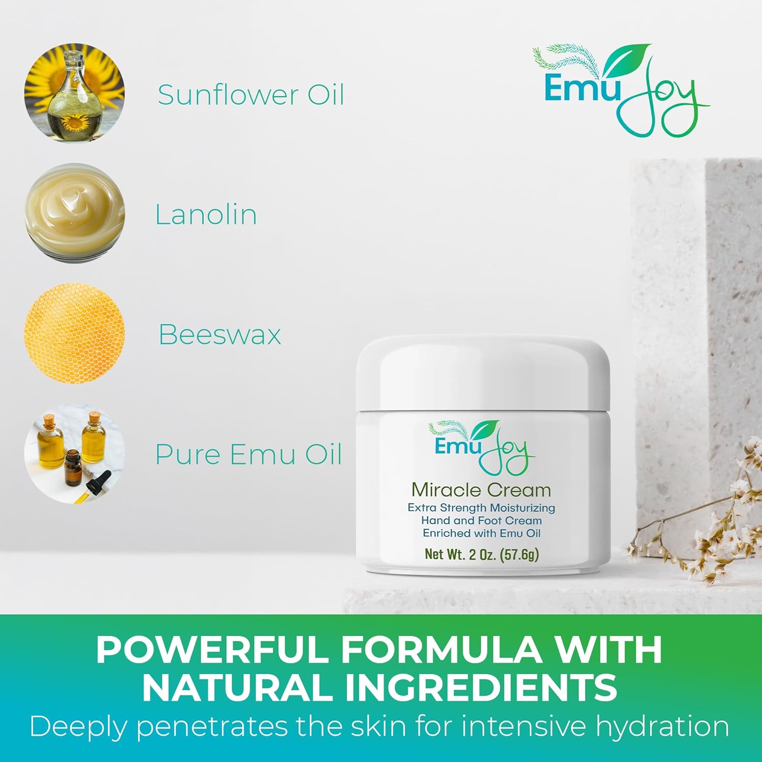 Emu Joy Miracle Cream - Extra Strength Hand & Foot Cream for Cracked Heels, Dry Skin & Calluses - Lanolin, Beeswax & Emu Oil Formula - For Hands, Feet, Elbows & Knees - 2 oz