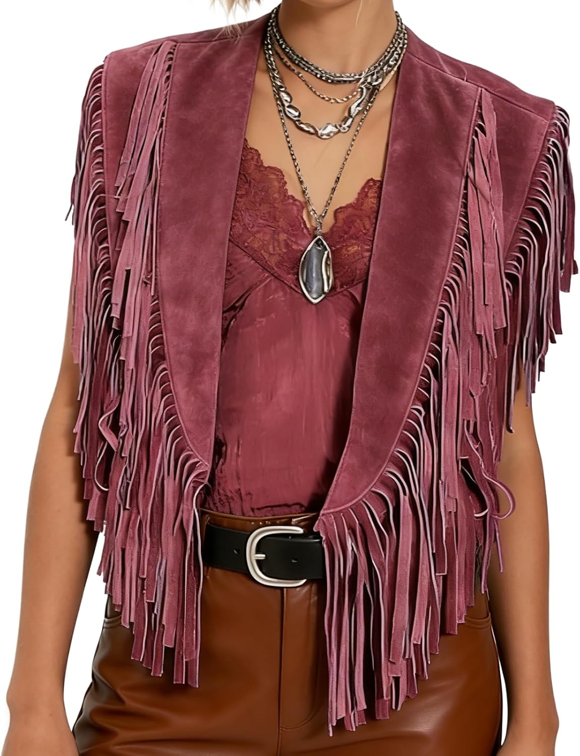 Women Faux Suede Fringe Vest Solid Color Sleeveless Long Tassel Cropped Outerwear Cowgirl Western Festival Outfit