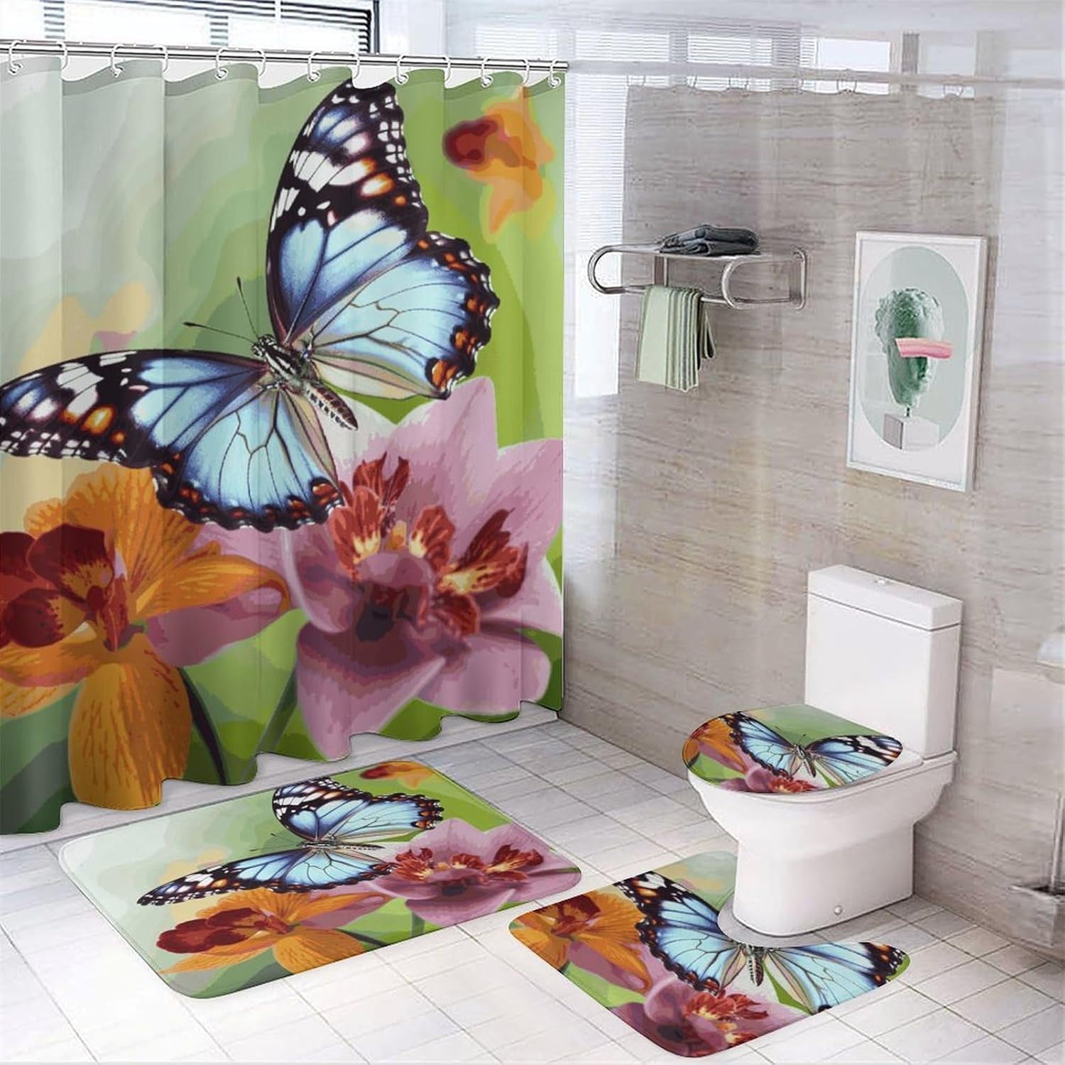 Flower Butterfly 4Pcs Shower Curtain Set with Non-Slip Rugs, Toilet Lid Cover and Bath Mat,Bathroom Set Decor Accessories,Curtain Set with 12 Hooks, 72 X 72 Inch