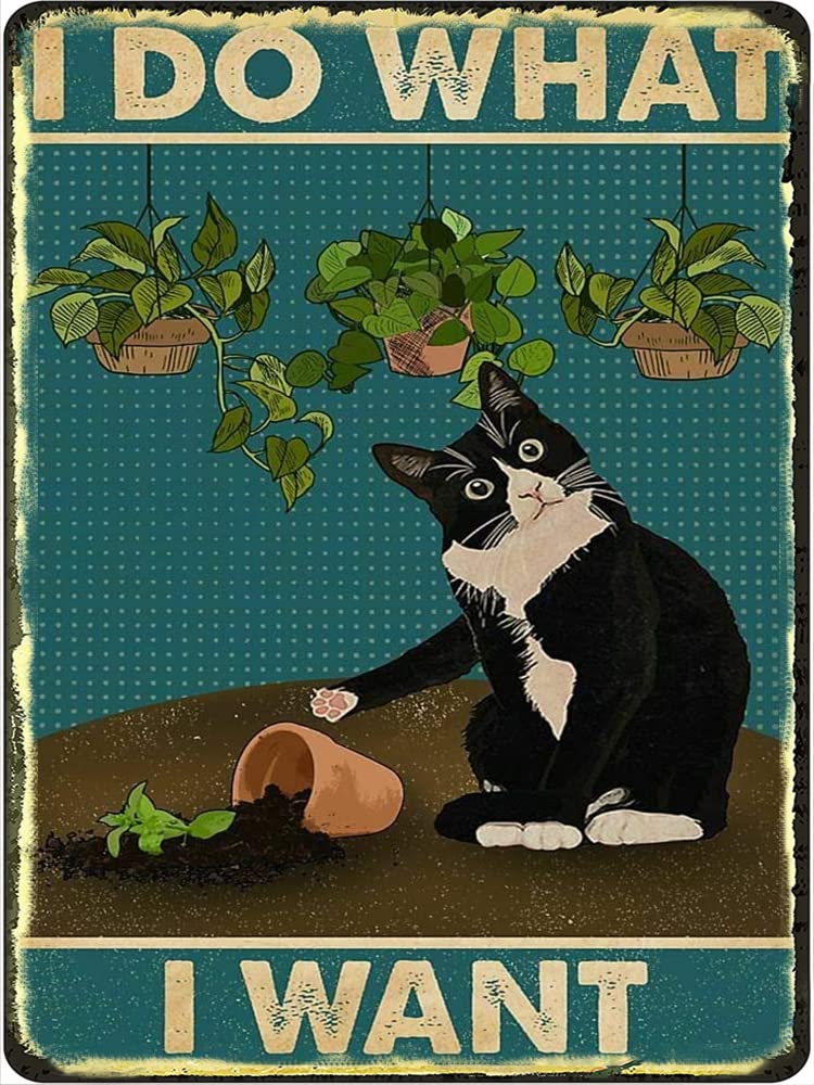 DAIERCY Cute Sign I Do What I Want Tuxedo Cat Gardening Amazing Metal Sign Black Vintage Sign Home Cafe Wall Decoration Easter Mother's Day Best Gift Friends Retro Tin Sign Home Office 5.5x8 Inch