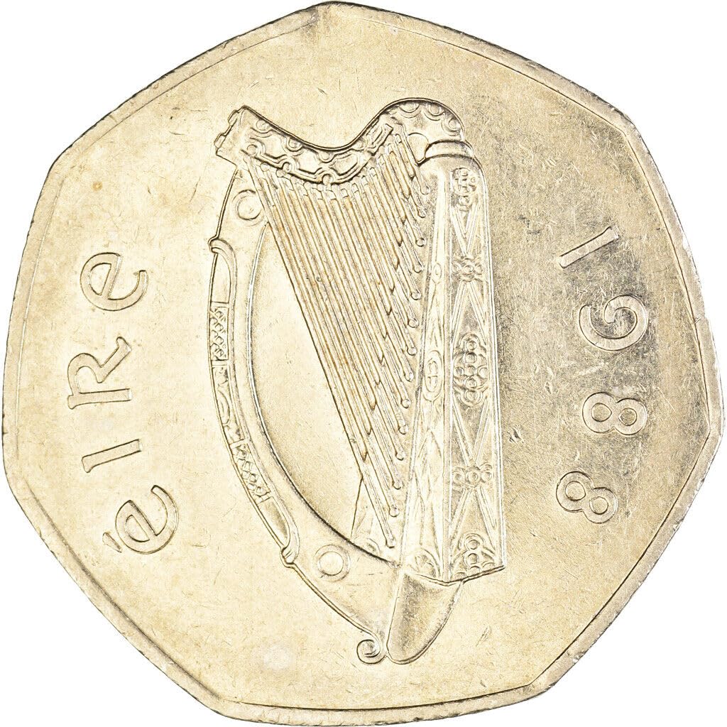1970-2000 Irish 50 Pence Coin, Large Detailed Pre-Euro Coin. 50 Pence Issued And Monetized By Government Of Ireland Graded By Seller Circulated/Worn Condition Thumbnail
