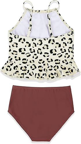 Mafulus Girls 2 PCS Swimsuit Ruffle Cute Print Adjustable Spaghetti Strap Quick Drying Kids Bathing Suit 5-14Years(Camel,5-6 Years)