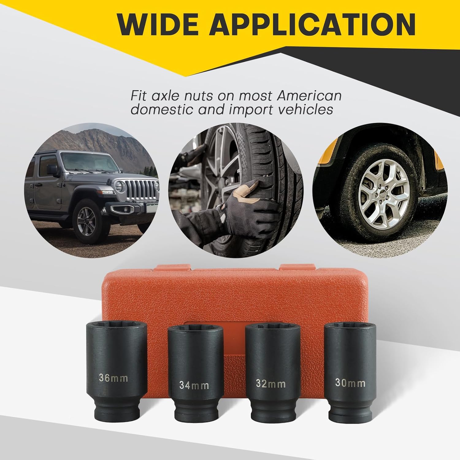 1/2" Drive Deep Spindle Axle Nut Impact Socket | 4 PCS Metric Axle Nut Socket Set, CR-MO, 12 Point Design, 30,32,34,36mm, 1/2 Inch Heavy Duty Deep Impact Socket Set