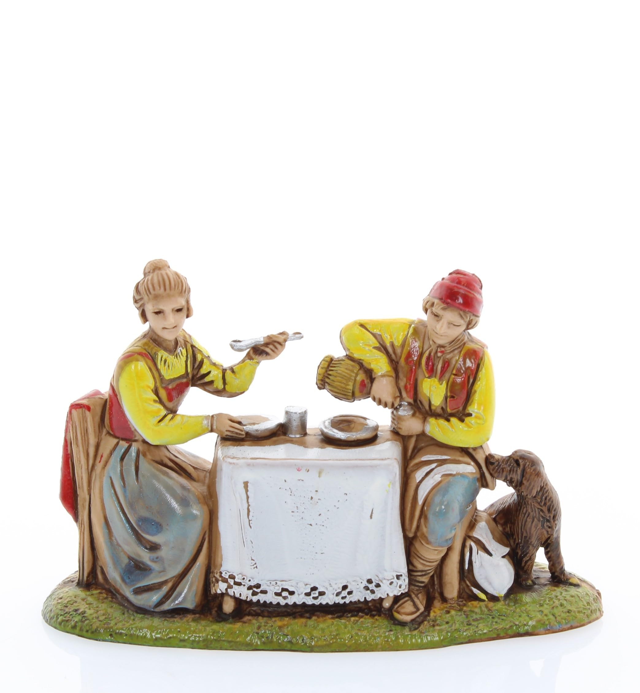 Moranduzzo Man and Woman at Table for Nativity Scene of 2.50 Inch Scale 1:32-Unbreakable Nativity Figures-18th Century Style, Hand-finished Painting, Official Product, Made in Italy, Sculptor M. Landi