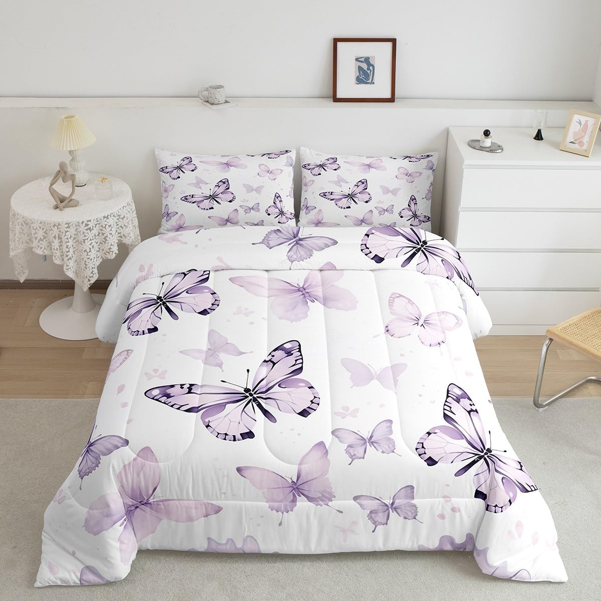 Erosebridal Purple Butterfly Bedding Twin Comforter Set for Girls Room Decor Aesthetic, Lavender Purple Butterfly Bed Comforter Watercolor Gradient Butterfly Decorations Quilt for All Season
