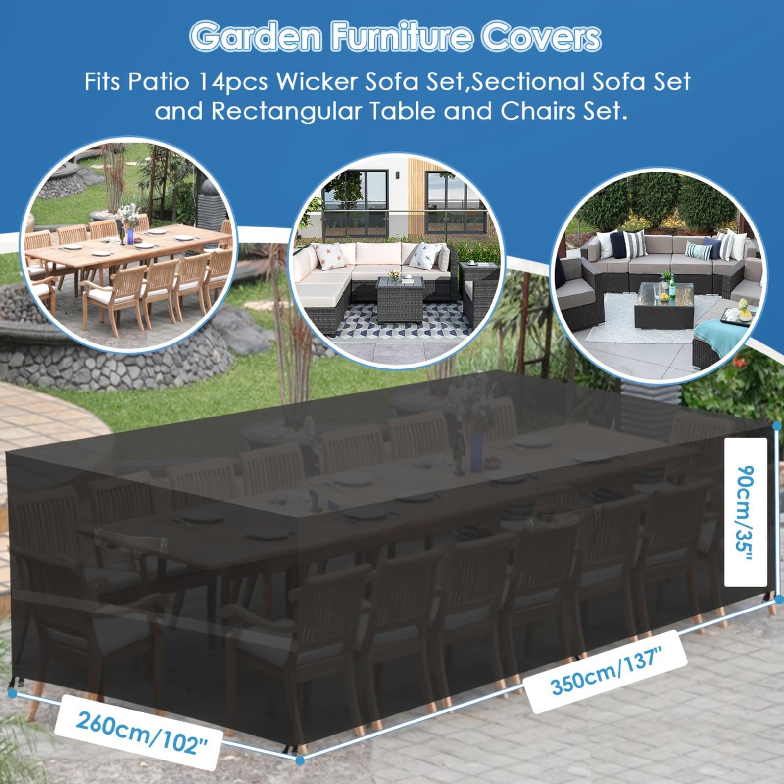 Copertura Per Mobili da Giardino, 225x170x100cm/LxWxH Panno Oxford 600D Impermeabile Copertura,Tavoli e Sedie da Cortile Raggi UV, Quadrato Resistente Allo Strappo Copertura Tavolo