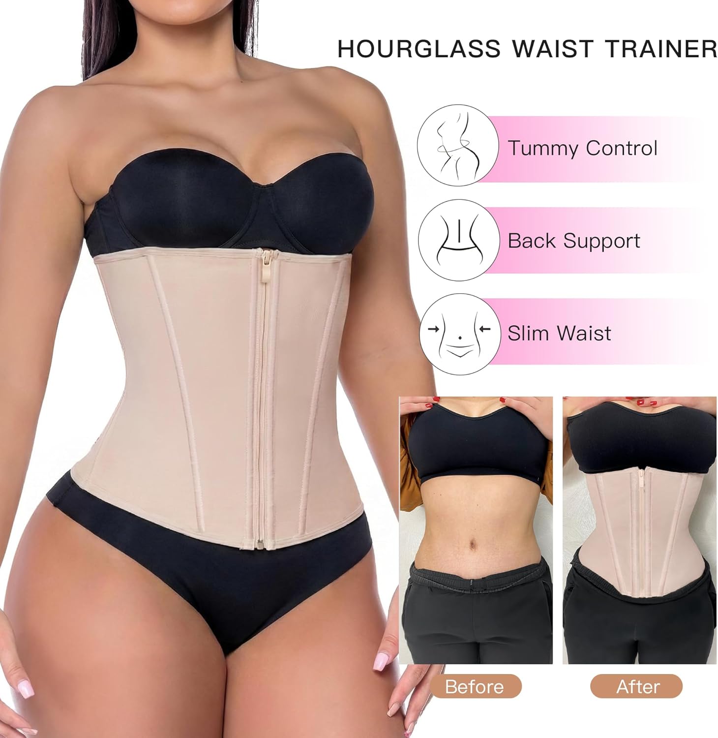 YIANNA Waist Trainer for Women Latex Underbust Tummy Control Waist Cincher Corset Hourglass Body Shaper Zipper and Hooks - Image 6