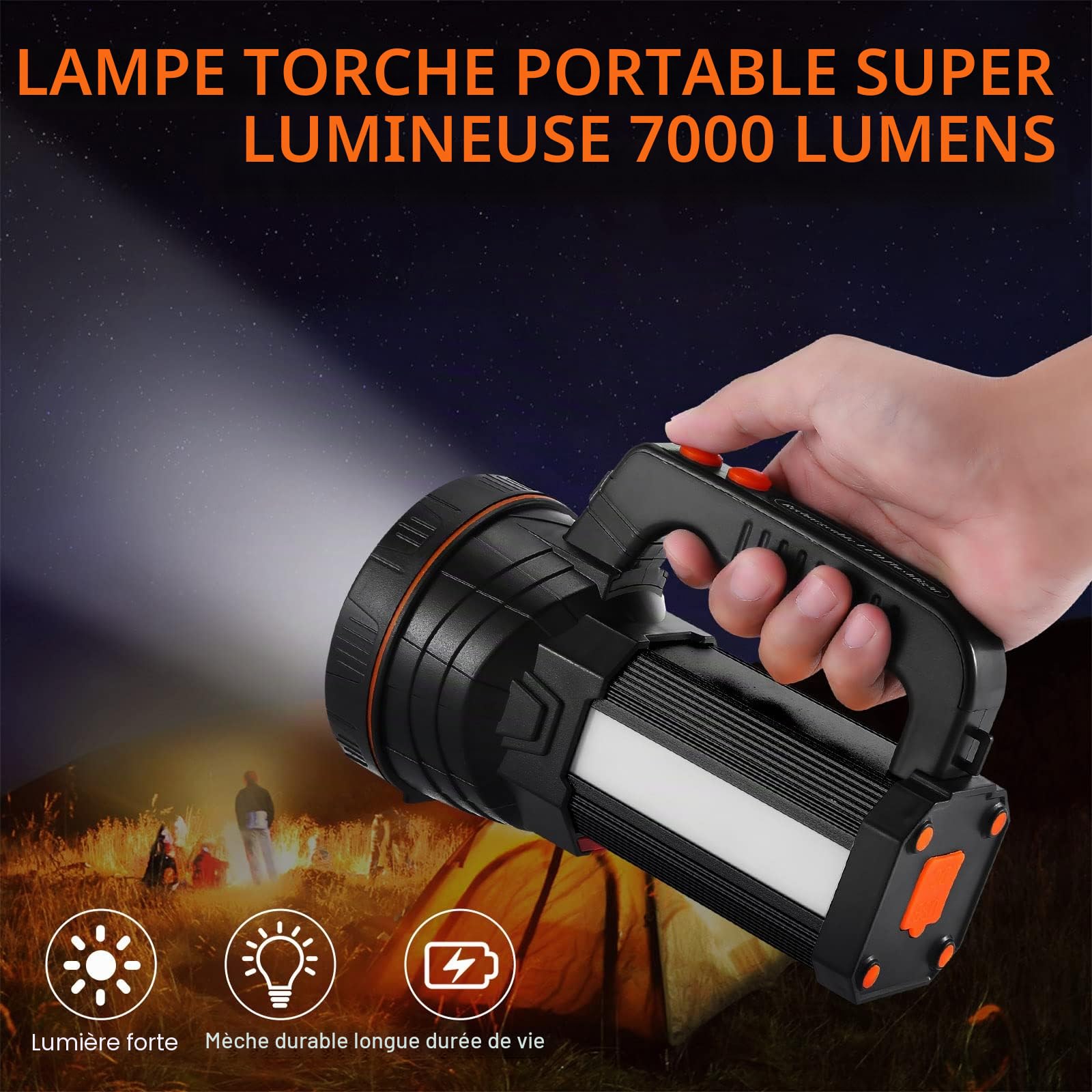 Lampe torche rechargeable Af-Wan portable puissante à LED super lumineuse 9000 mAh 7000 lumens avec lumière latérale Étanche charge USB Charge téléphone