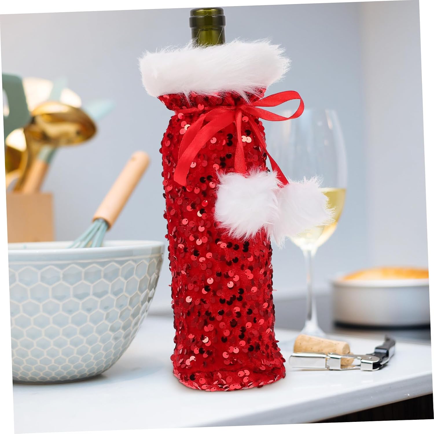 GANAZONO Wine Holiday Plush Cover with Christmas Bag Red Bottle Drawstring Festive Decoration for Coffee Shop and Restaurant Use