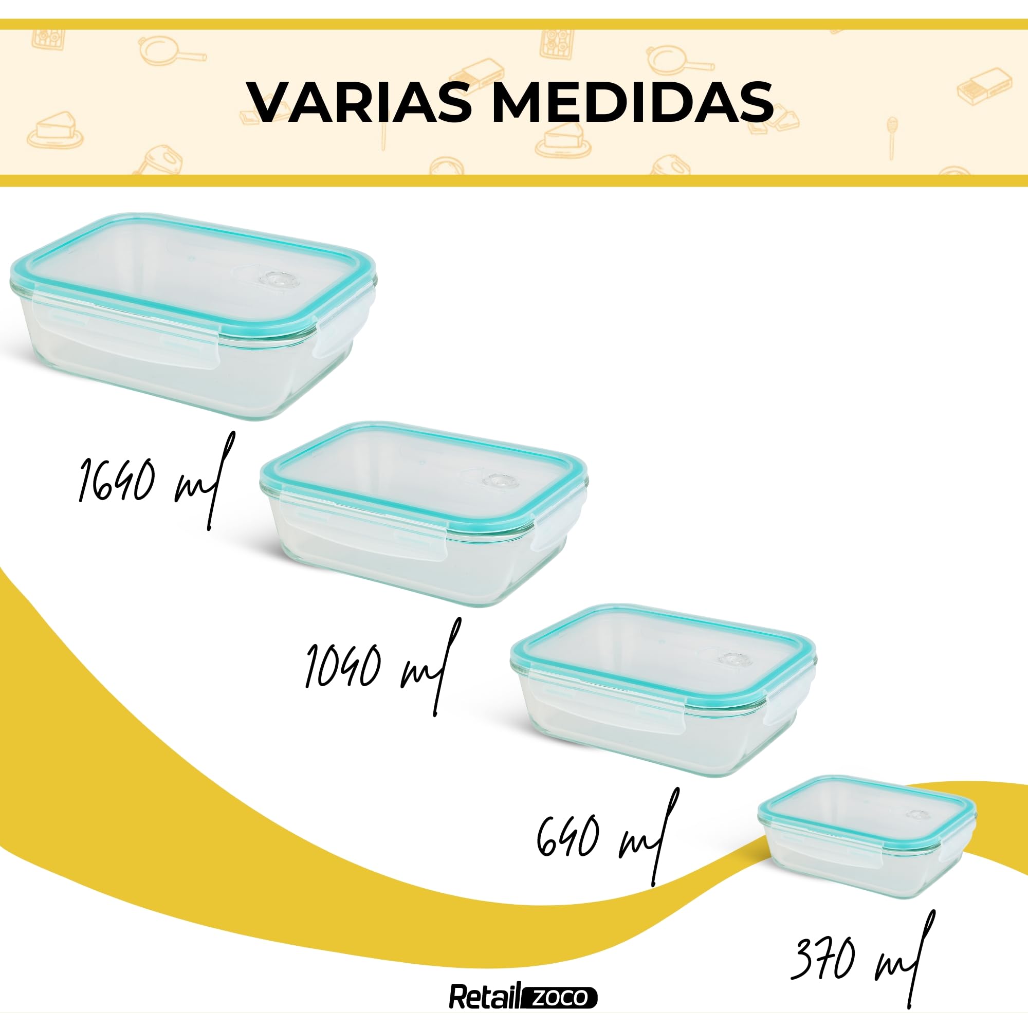 Fiambrera de Cristal rectangular, Recipientes de Cristal para Alimentos, Cierre Hermeticos con Tapa, Reutilizables, Apto Lavavajillas y Microondas, Libre de BPA, Capacidad 370 ml, Pack 4 uds - imagen 7