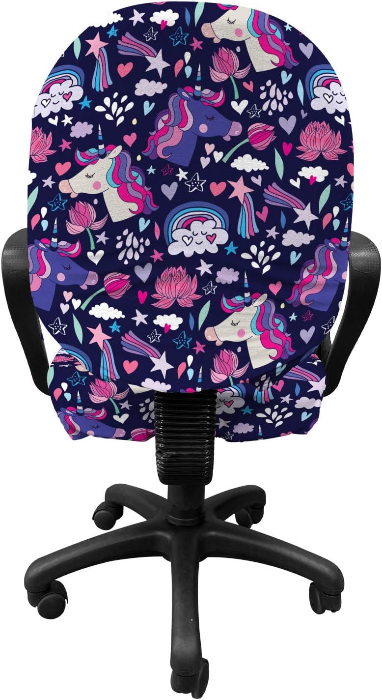 Ambesonne Cartoon Office Chair Slipcover, Unicorns Shooting Stars Clouds Imagination Hearts Love Funny, Protective Stretch Decorative Fabric Cover, Standard Size, Pink Blue Violet Indigo