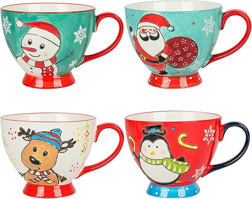 Juego de 4 tazas de café de Navidad jumbo de 17.5 onzas, bonita taza de cerámica de Papá Noel en varios colores para café, sopa y cereales, diseño