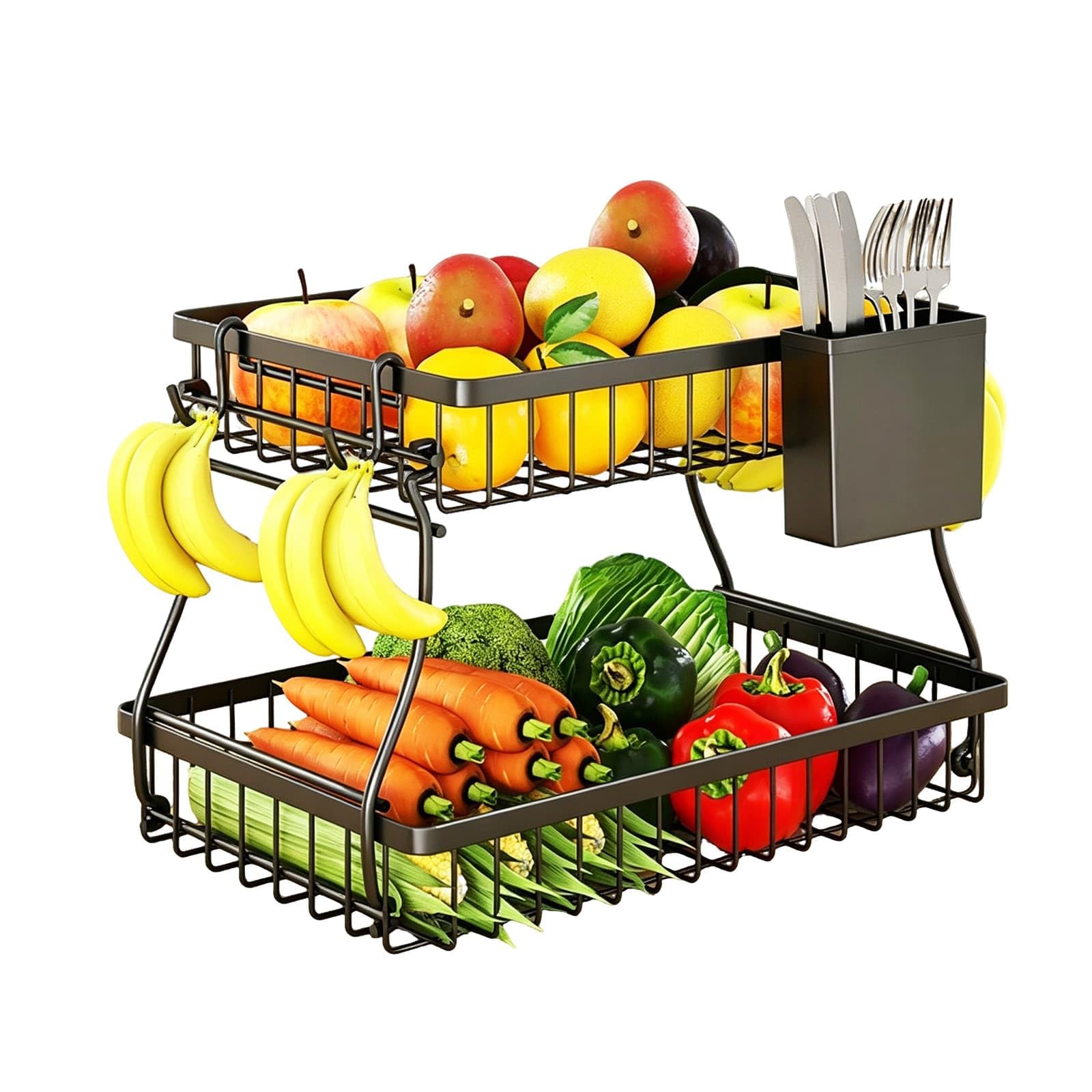Weeloo Black 2 Tier Fruit Bowl Basket With Banana Hangers, Detachable Kitchen Countertop Storage Organizer Holder, Metal Vegetable Storage For Fruits Veggies Snacks Eggs