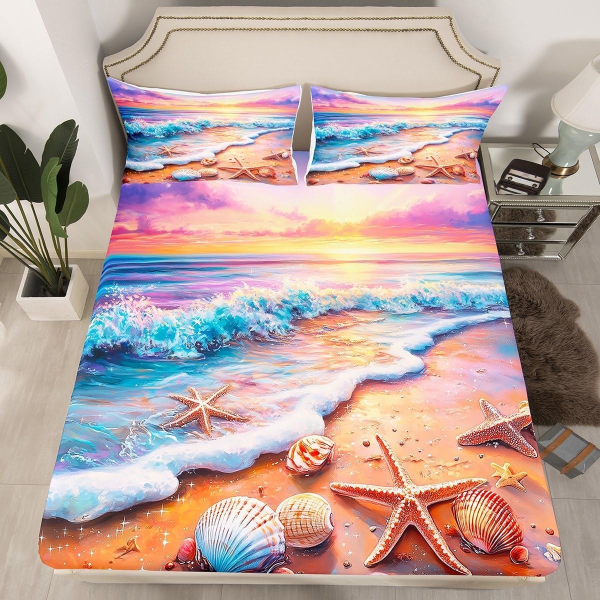 Erosebridal Beach Sheets Queen Size for Kids Teens Adults Colorful Shell Starfish Print Sheet Set Ocean Theme Bed Sheets Set Coastal Sunset Home Waves Deep Pocket Flat Fitted Sheet