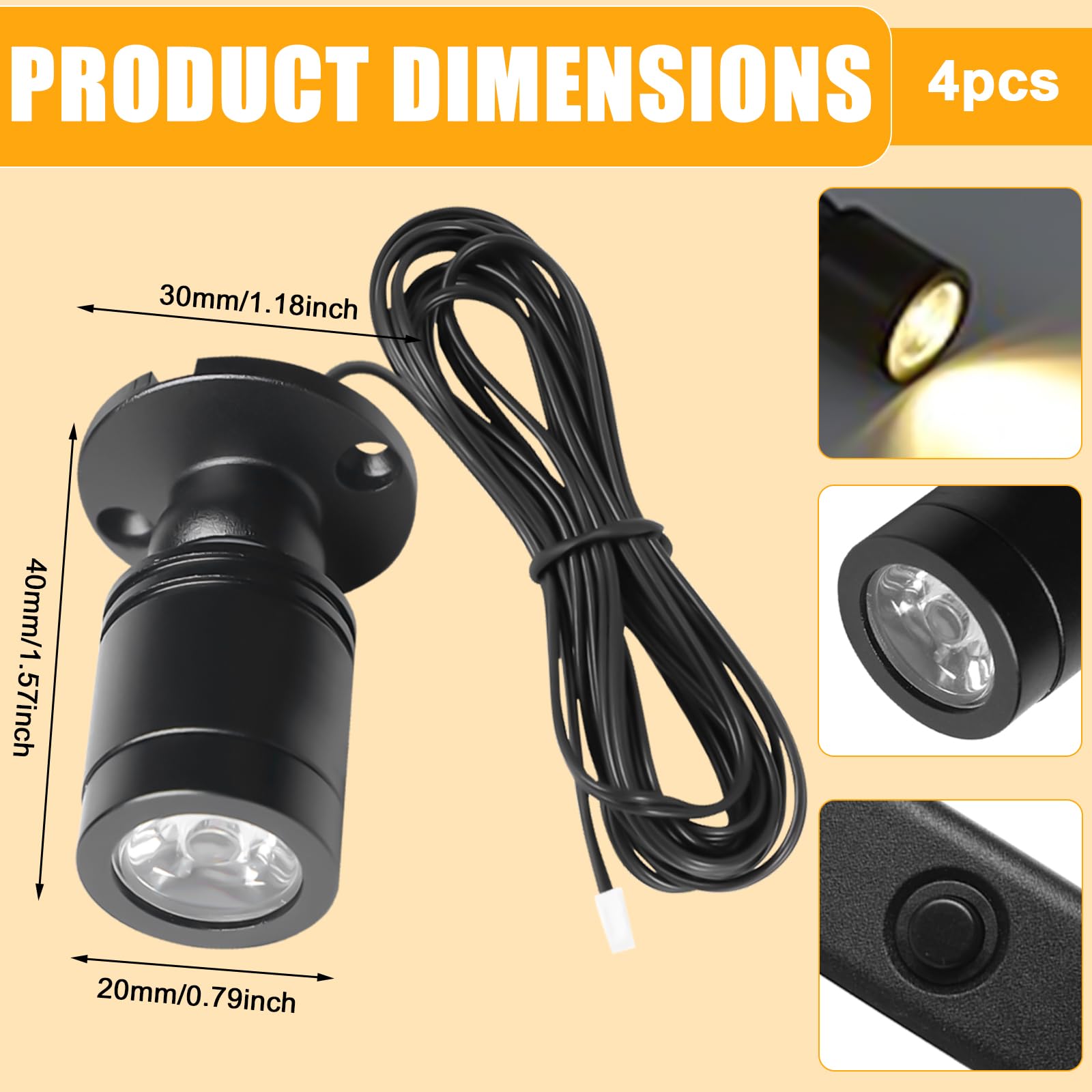 Aicharynic 4 unidades de mini focos, mini focos, pequeño acento, juego de luz blanca cálida, 3000 K, USB 5 V, foco de punto giratorio 360° para vitrinas, armarios y decoración