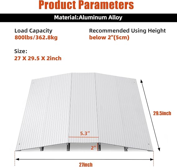 2 Rise Door Threshold Ramp, Aluminum Bridge Ramp and Entry Ramp for Wheelchairs, 29.5 W x 27 L Adjustable Non-Slip Ramp for Patio Sliding Door, Steps and Garage, 800 Lbs Capacity