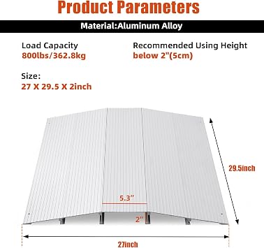 2 Rise Door Threshold Ramp, Aluminum Bridge Ramp and Entry Ramp for Wheelchairs, 29.5 W x 27 L Adjustable Non-Slip Ramp for Patio Sliding Door, Steps and Garage, 800 Lbs Capacity