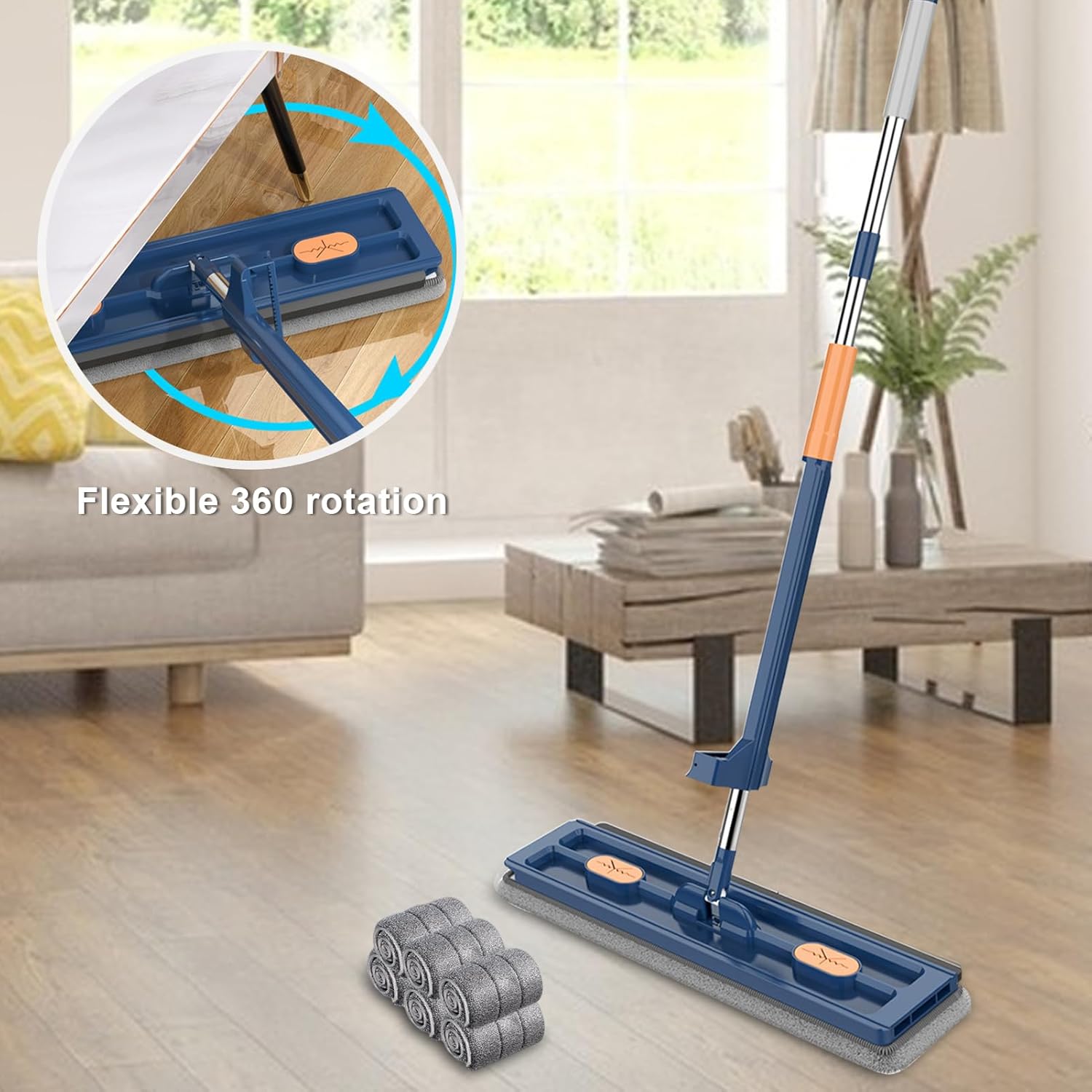 Flat Squeeze Mop with Foldable Bucket, Handle, Wheel & Microfiber Pads - Portable Cleaning Set, Blue