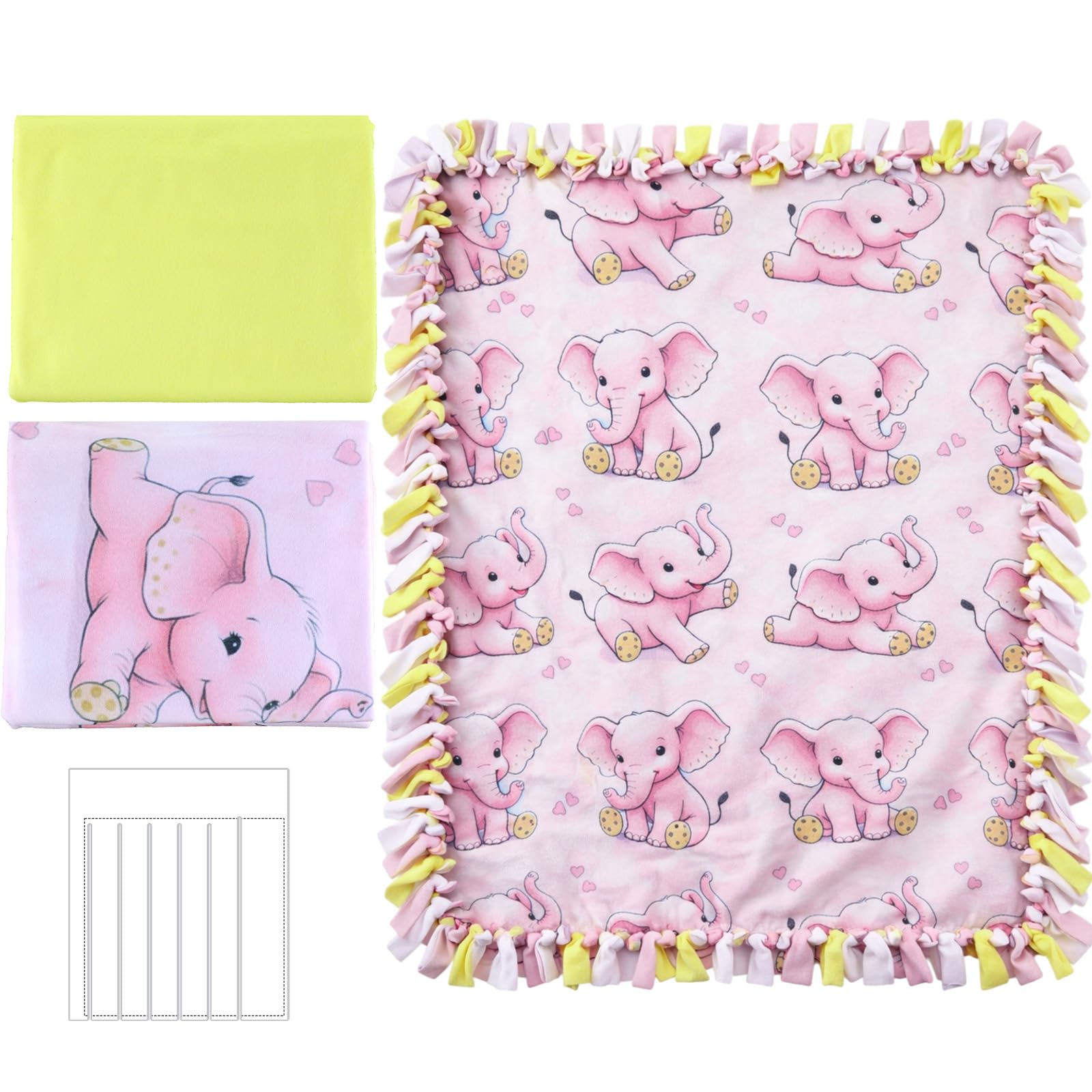 HunnmingRe 3 Pcs DIY Tie Blankets Fleece Kit No Sew Blanket Kit Include 50x60 Inch No Sew Fleece Fabric and Ruler Template DIY Throw Making for Bed Couch(Elephant) - 1