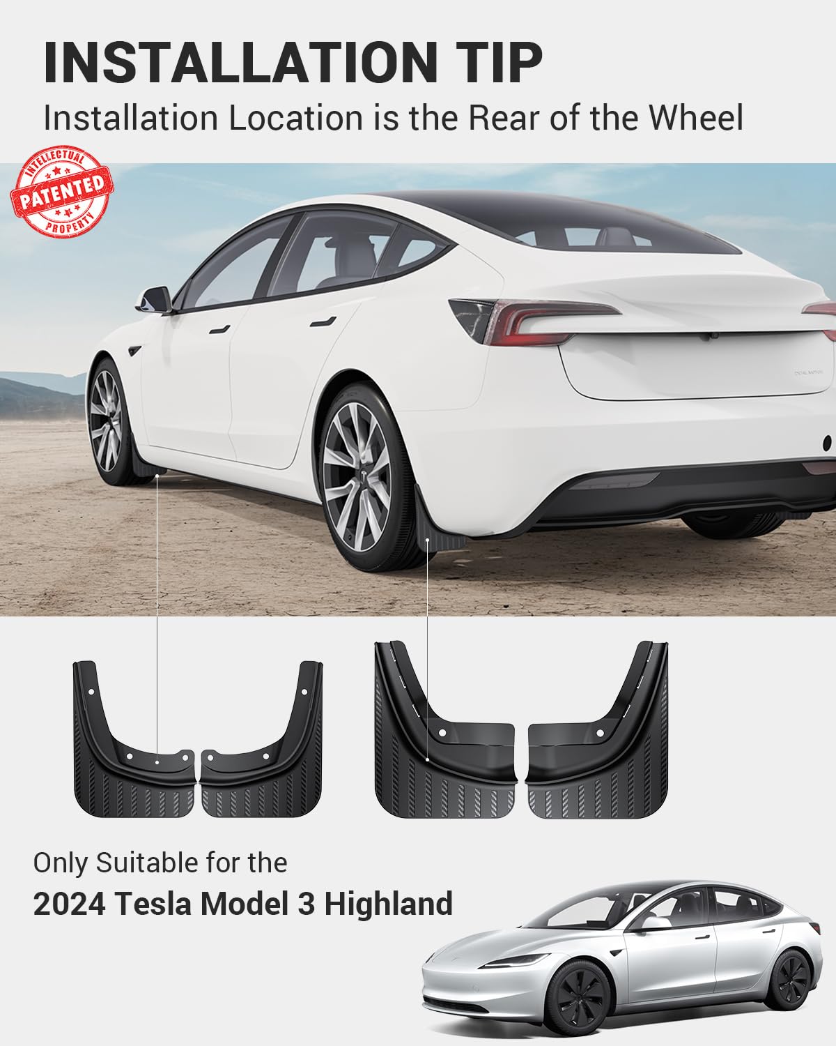 BASENOR Nowa wersja 2024-2026 Tesla Model 3 Highland Mud Flaps Splash Guards [Bez wiercenia, bez taśmy] [10x mocniejsze] All Weather Tire Protector Mudflaps do modelu 3 2024-2026 Akcesoria zewnętrzne