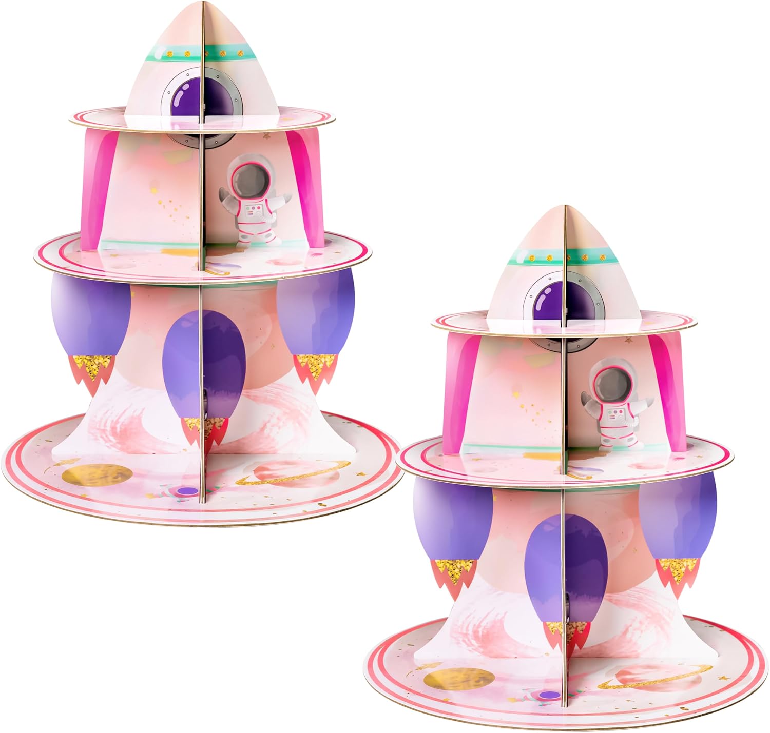 ANGOLIO 2Pcs Watercolour Outer Space Cupcake Stand 3 Tier Outer Space Cardboard Cupcake Stand Birthday Party Decorations Solar System Theme Dessert Tower Display for Kids Baby Shower Birthday Supplies