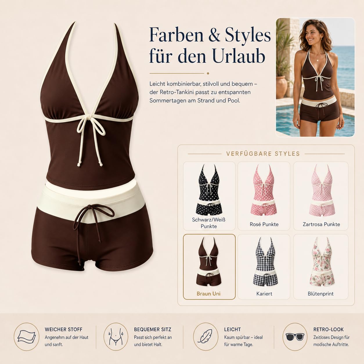 Tankini Y2K, Damen Y2k Tankini Set Zweiteilige Neckholder Badeanzug Polka Dot Bikini Swimsuits Push Up Oberteil mit Shorts V Ausschnitt Bademode 2000er Sommer Urlaub Strand Outfit