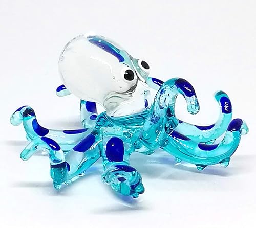 ZOOCRAFT Figura de pulpo de mar de cristal, color azul, en miniatura, soplado a mano, estilo costero, decoración del hogar, regalo coleccionable