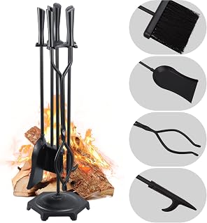 FEEDGARDEN 5-Piece Wrought Iron Fireplace Tools Set 32" with Log Holder Stand - Poker Tong Shovel Brush Base Black Indoor Outdoor